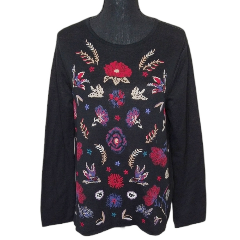 J. Jill 100% Cotton With 100% Wool Thread Embroidery Sweater Size Medium